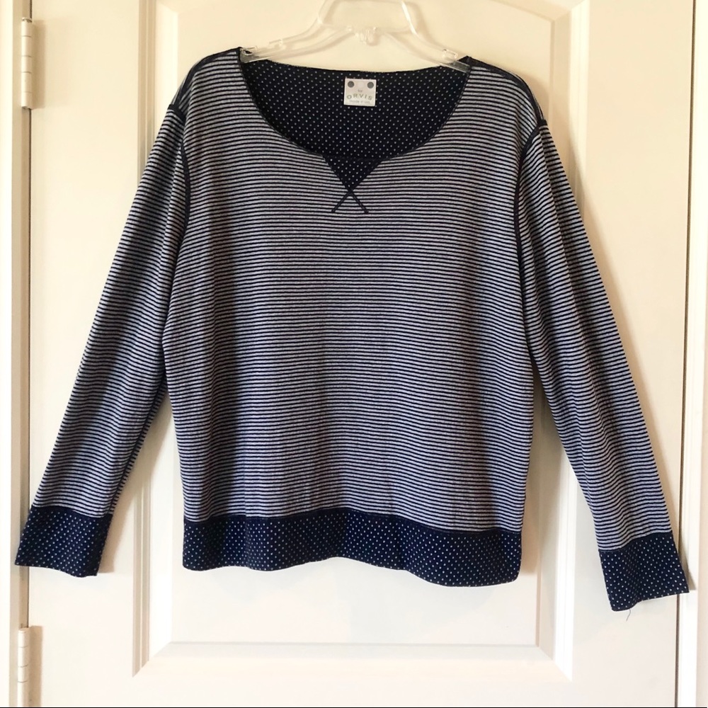 Orvis Striped Boxy Sweatshirt Navy Gray Polka Dot Trim Medium